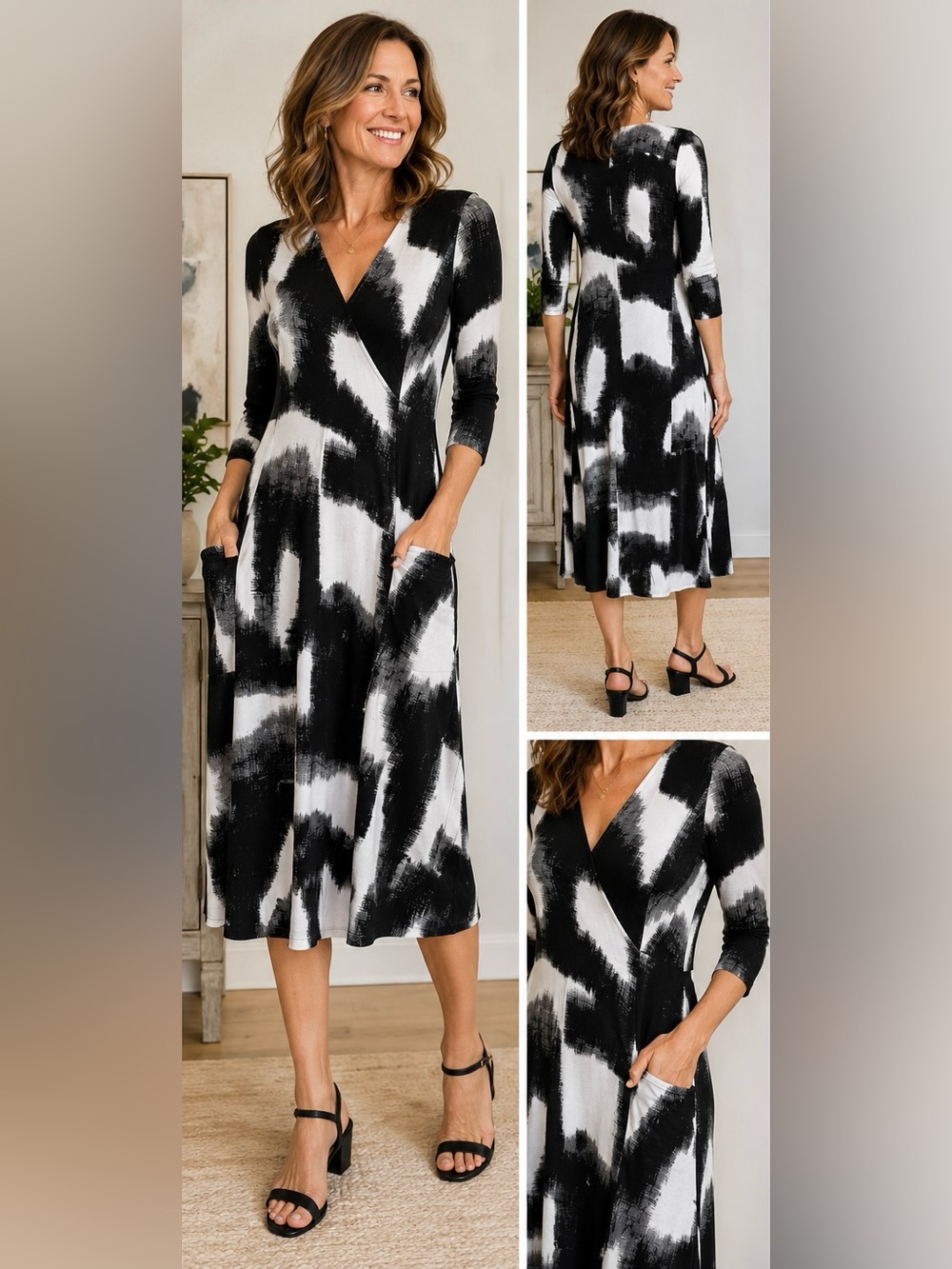 Olivia by Habitat Clothes Abstract Knit Midi Dress XS Black White Pockets EUC